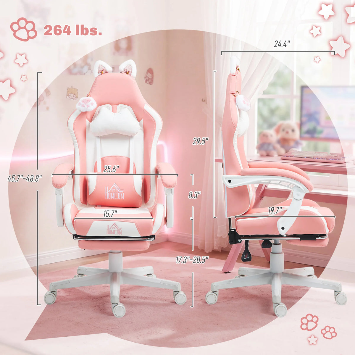 HOMCOM Racing Gaming Chair with Cat Ears, Reclining Faux Leather Computer Chair with Footrest, Lumbar Support and Headrest, Height Adjustable Gamer Chair with Swivel Seat and Wheels, Pink