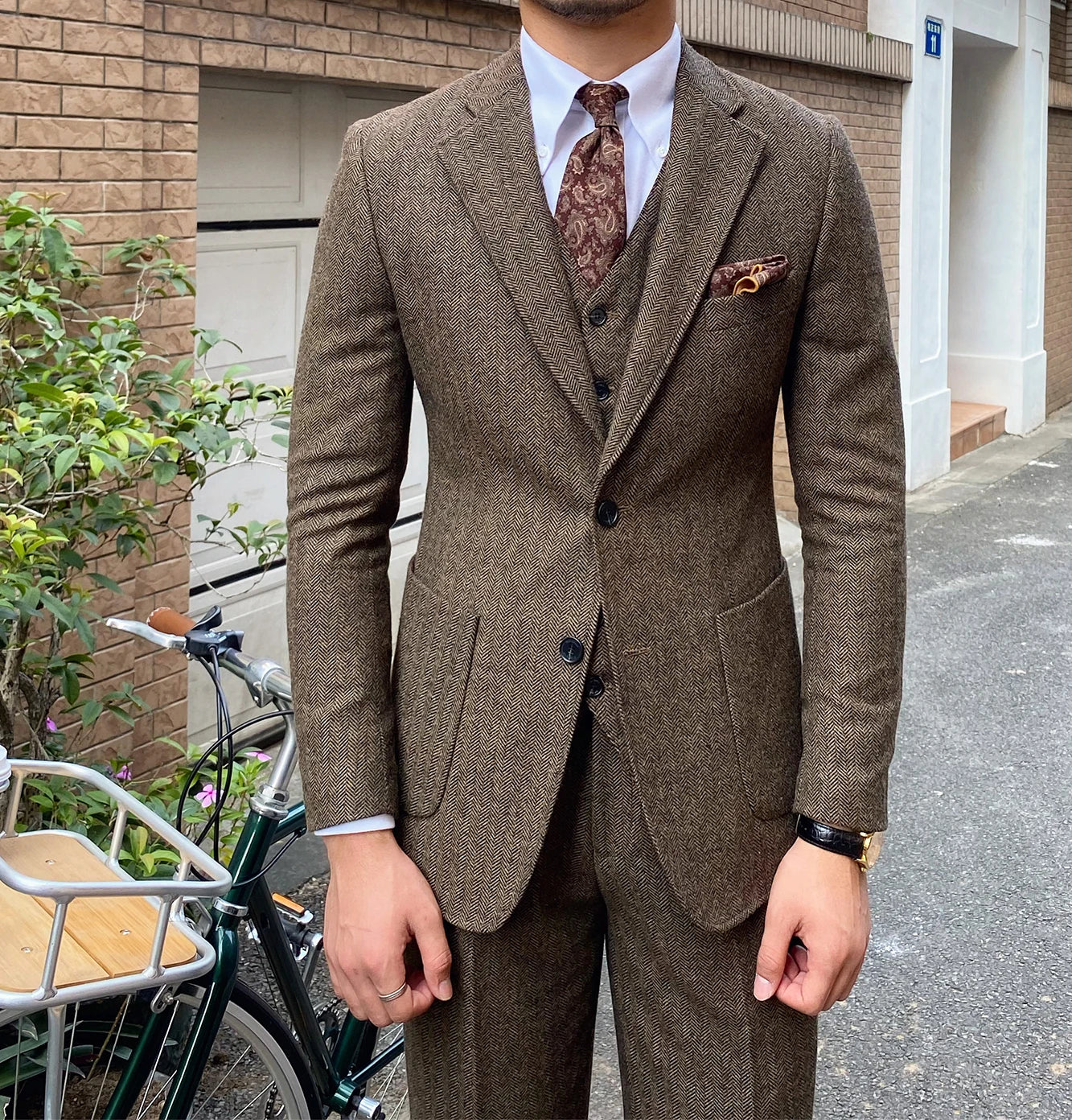 3 Pieces Men's Suits Tweed Herringbone Slim Fit Business Cauasl Waistcoat  Jacket Groomsmen Wedding Suits（Blazer+vest+Pants）