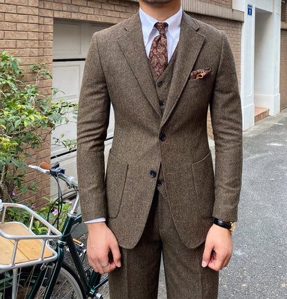 3 Pieces Men's Suits Tweed Herringbone Slim Fit Business Cauasl Waistcoat  Jacket Groomsmen Wedding Suits（Blazer+vest+Pants）