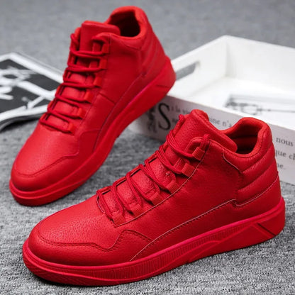 Keep Warm Men's Red High-Top Leather Skate Shoes Flat Lace-Up Sneakers Versatile Casual Streetwear Non-Slip Grip Sole Footwear