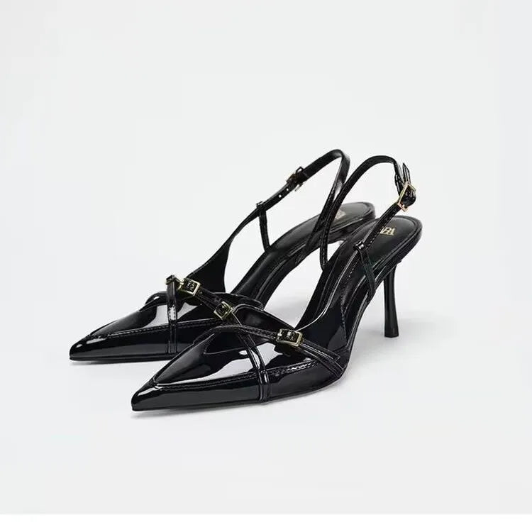 Sexy wine-red high-heeled shoes. Summer fashion pointed-toe elegant cross-strap stiletto sandals. Big size women's shoes