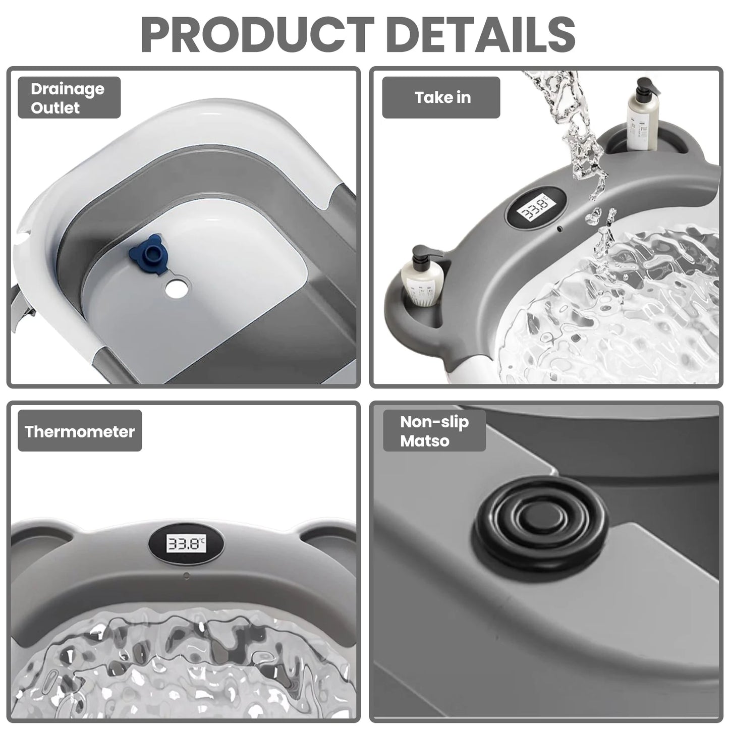 Portable Travel Bathtub, Collapsible Baby Bathtub, with Thermometer &1Soft Floating Cushion, with Drain Hole,For Baby 0-36 Month