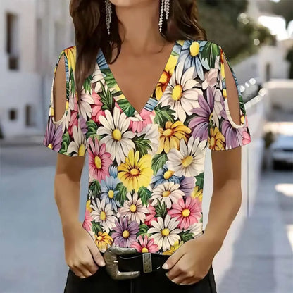 Women Floral Print Cold Shoulder Blouse V Neck Short Sleeve Casual Summer Tops
