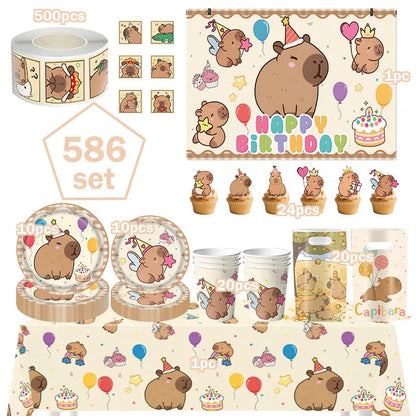 Capybara Decoration Birthday Party Favors Tableware Set Cup Plate Balloons Gift Bags Happy Banner Cake Topper Supplies for Girls