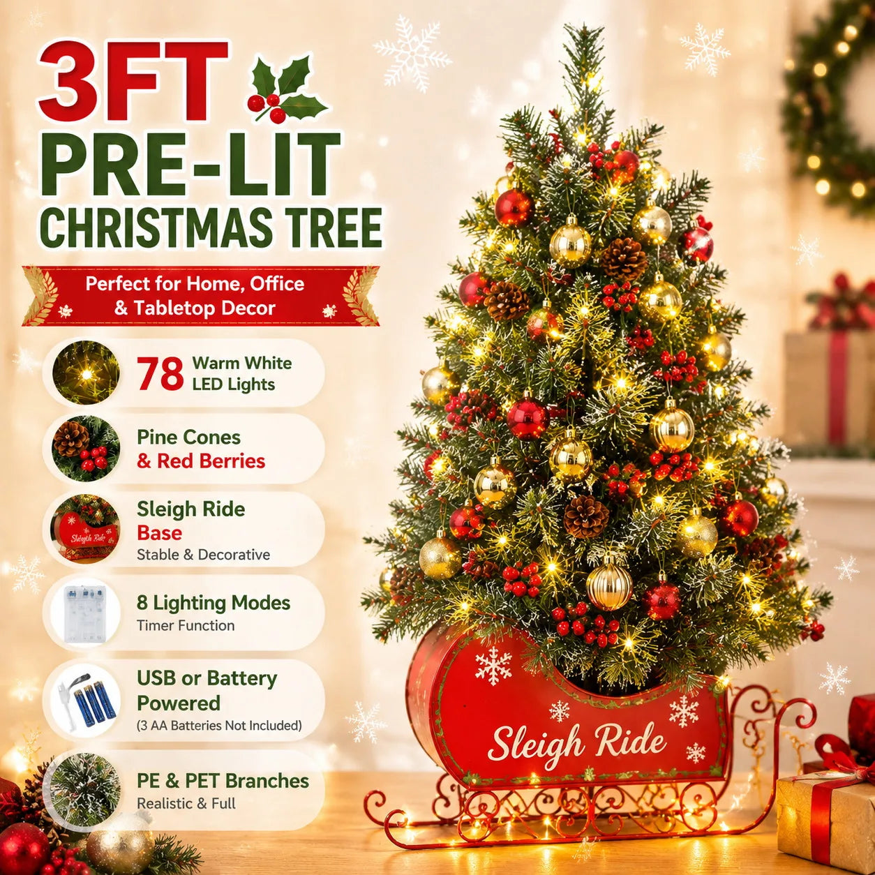 3‘ Artificial Christmas Tree Pre Lit Fiber Optic with 78 Warm White LED Lights 8 Mode Lighting Sleigh Ride Base USB Powered Battery Operated Tabletop Xmas Tree No Assembly