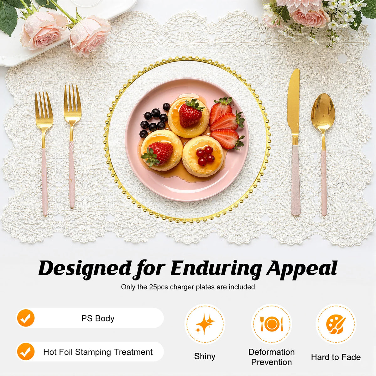Round Clear Gold Beaded Charger Plates 25 Pack PS Plastic Dinner Under Plates 32cm Decorative Serving Plates for Wedding Banquet Party Table Decor
