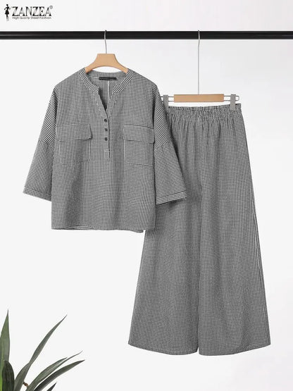 Women Pants Sets ZANZEA Fashion Summer 2 Piece Sets Plaid Outfits Casual Half Sleeve Blouse Wide Leg Trousers Street Tracksuit