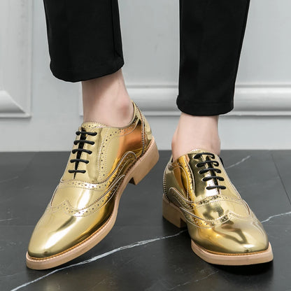Hot Selling Luxury Gold Men's Business Dress Shoes in Europe America Glossy Brogue Shoes Men's Split Leather Shoes Free Delivery