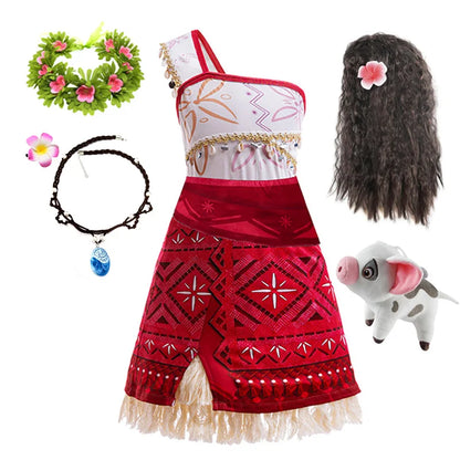 New Movie Moana 2 Dress for Girls Adventure Costume Girl Princess Fancy Clothes Children Vaiana Carnival Party Necklace Pig Set