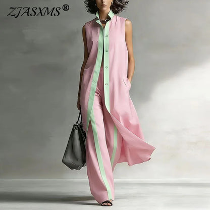 Spring Contrast Sleeveless Vest Suit Woman 2 Pieces Elegant Shirt Collar Button Long Top Wide Leg Pants Sets Summer Outfit Mujer
