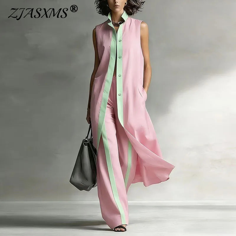 Spring Contrast Sleeveless Vest Suit Woman 2 Pieces Elegant Shirt Collar Button Long Top Wide Leg Pants Sets Summer Outfit Mujer