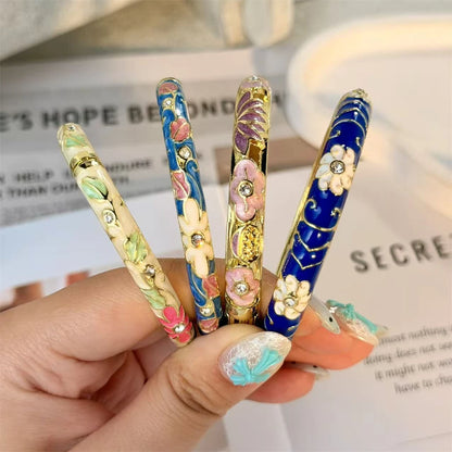 Elegant Enamel Dropped Glaze Flower Texture Bracelet For Women Retro Gold Plated Evil Eye Floral Zircon Bangle Party Jewelry