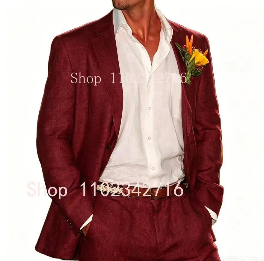 Beige Linen Men Suits 2 Pieces Beach Wedding American Style Jacket with Pants Formal Groom Tuxedos Male Suits (Blazer+Pants)