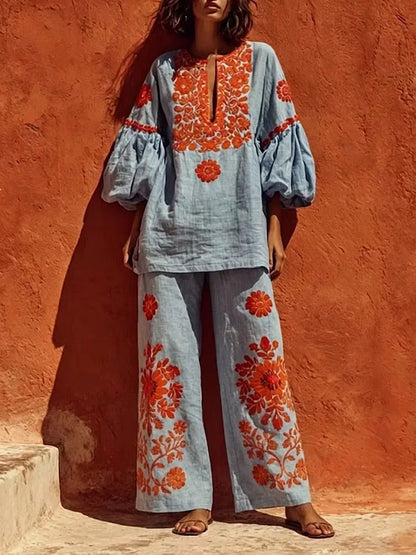 New Summer Women Boho Linen 2 Piece Outfit Floral Print Lantern Sleeve O Neck Blouse Wide Leg Pants Autumn Vintage Holiday Sets