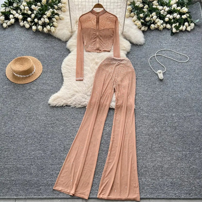 Fashion See Through Mesh Rhinestone Chic Long Sleeve Slim Short Top High Waist Wide Leg Pants Evening High Street Two-piece Sets