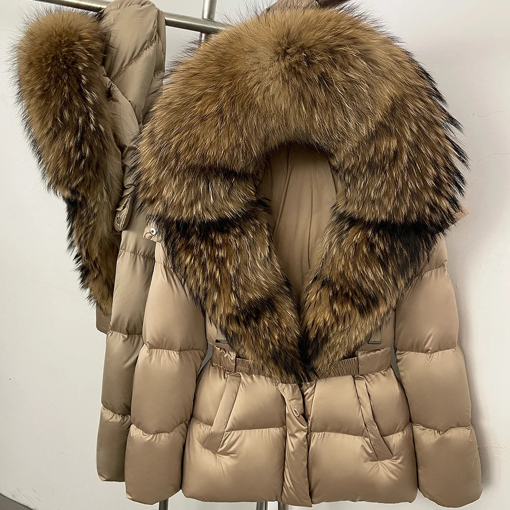 OFTBUY New Fashion Winter Clothes Women Duck Down Coat with Big Natural Fur Collar Belt Hooded Real Fox Fur Puffer Jacket Female