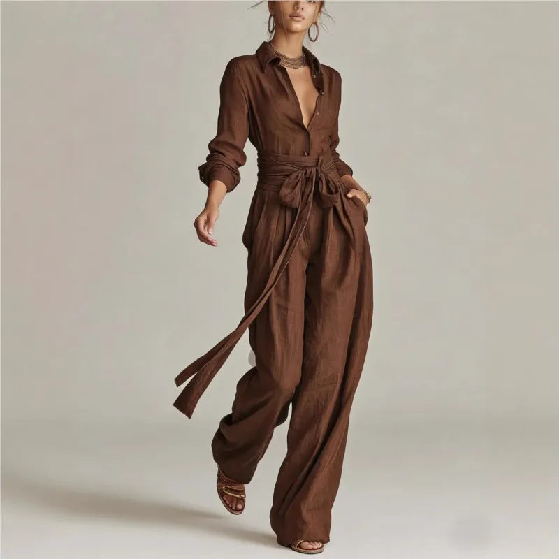 Temperament Female Two Piece Set Summer Fashion Lapel Strap Design Wide Leg Pants Suit With Pocket Lady High Waist Office Outfit