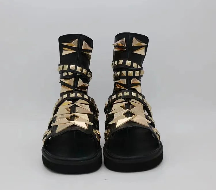 Men Casual Sandals Genuine Leather Platform Gold Rivet High Top Rome Luxury Height Increasing High Street Summer Black Shoes