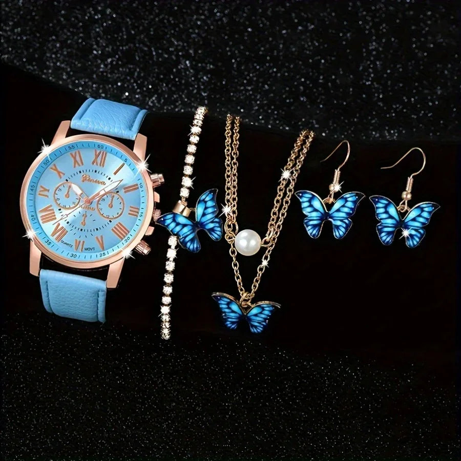 Fashion 5pcs women's quartz watch set, paired with blue butterfly jewelry - round zinc alloy case, PU leather strap