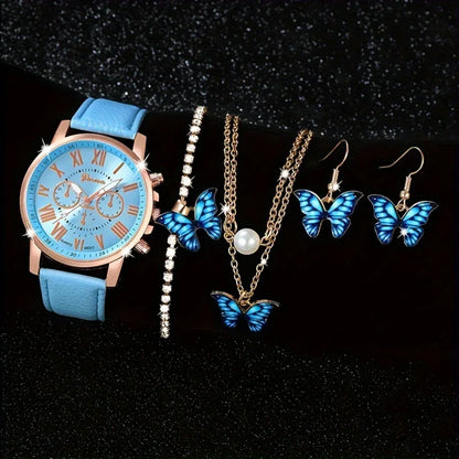Fashion 5pcs women's quartz watch set, paired with blue butterfly jewelry - round zinc alloy case, PU leather strap