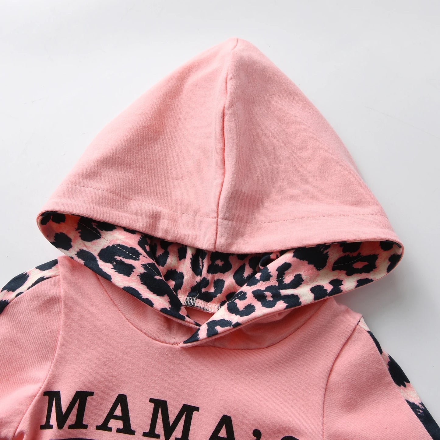 Infant Baby Girl Clothes Set Long Sleeve "Mama's Mini" Print Pullover Sports Hooded Tops and Leopard Pants Outfits Set