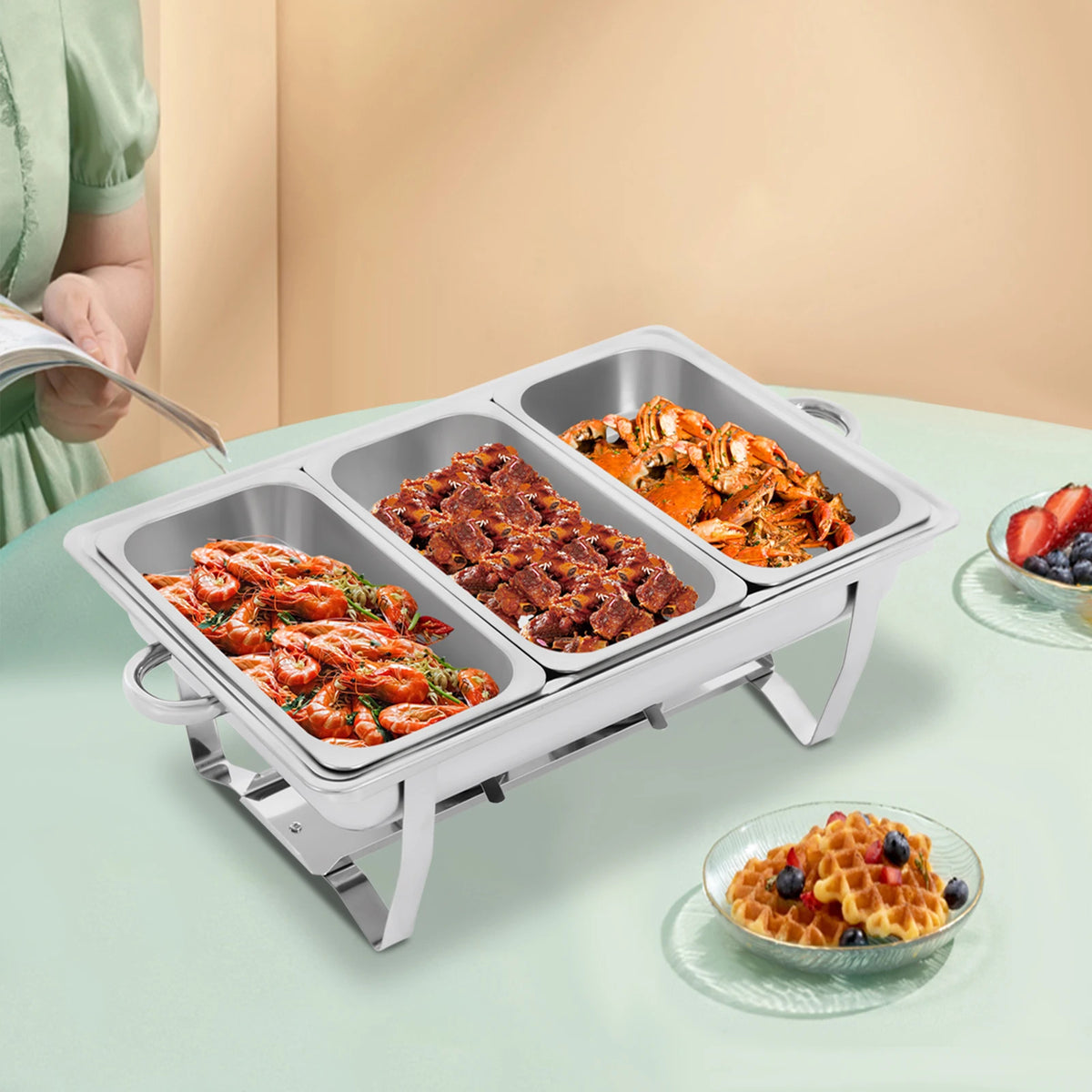 Chafing Dish Buffet Set,Gatherings Self-service Stove Food Plates,410 Stainless Steel Buffet Dishes Set,with 3 Food Compartments