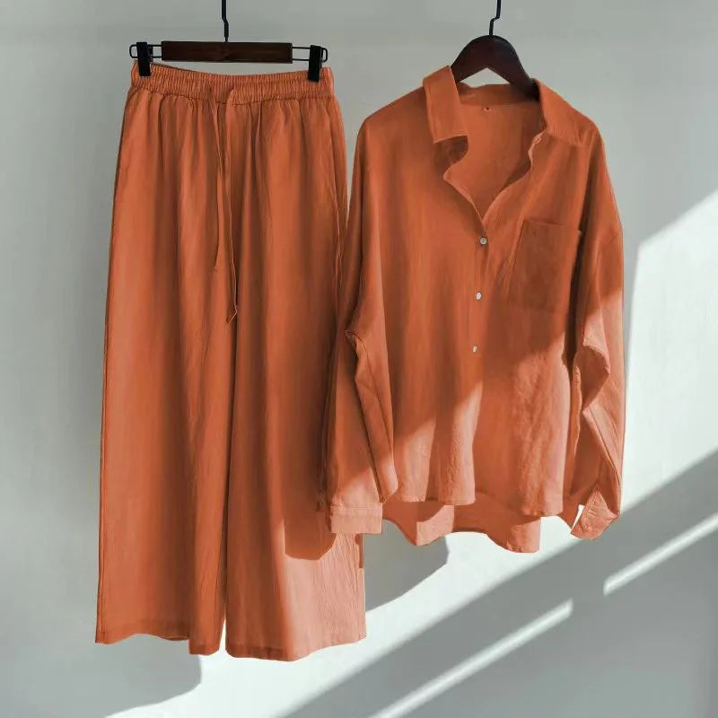 Cotton And Linen Solid Color Pant Sets Women Single-breasted Shirts And Drawstring Loose Wide Legs Trousers Two Piece Set Casual