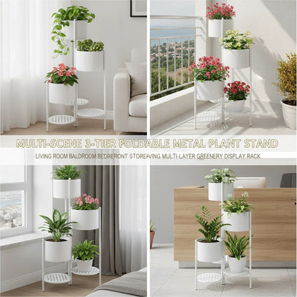 Corner Plant Stand 3-Tier, Nordic Iron Flower Pot Holder with Foldable Design, Space-Saving Ladder Plant Shelf for Indoor Outdoor, White