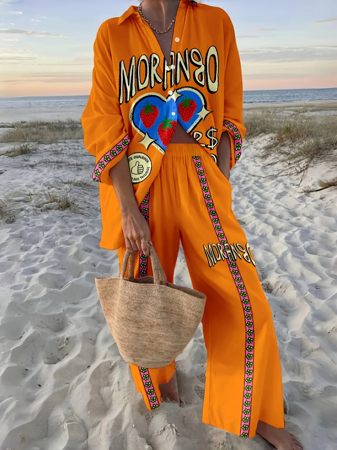 Fashion Print Beach Holiday 2-Piece Set Women Spring Summer Long Sleeve Shirt Top + Wide Legs Women's Oversized Two-Piece Outfit