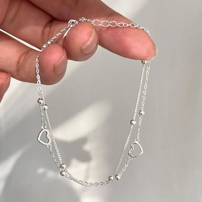 925 Sterling Silver Hollow Heart Bracelets for Women Girls Vintage