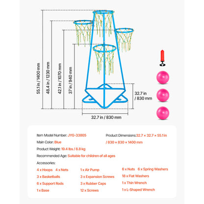 SucceBuy 4-Hoop Kids Basketball Hoop Stand with Adjustable Heights & 3 Balls for Boys Girls Indoor Outdoor Basketball Sport Toys