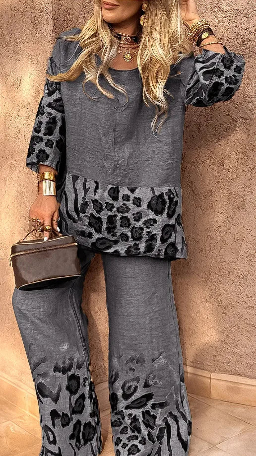 2025 New Summer Leopard Print Two Piece Set Women Fashion Casual Loose Short Sleeves Blouses Splicing Tops Wide Leg Pants Suits