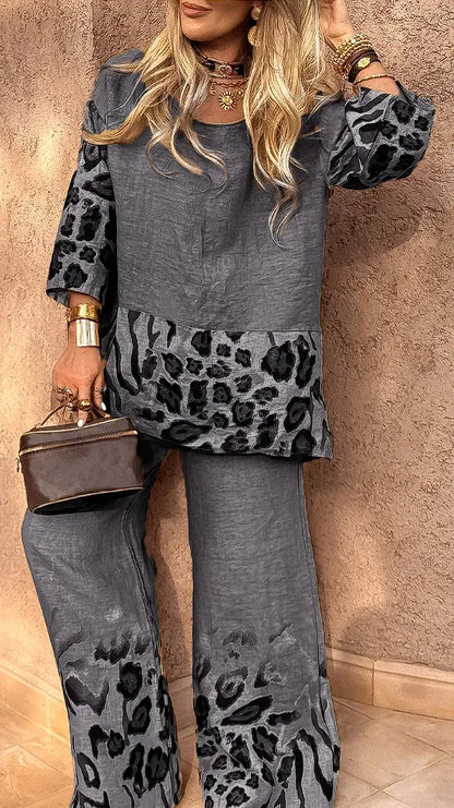 2025 New Summer Leopard Print Two Piece Set Women Fashion Casual Loose Short Sleeves Blouses Splicing Tops Wide Leg Pants Suits