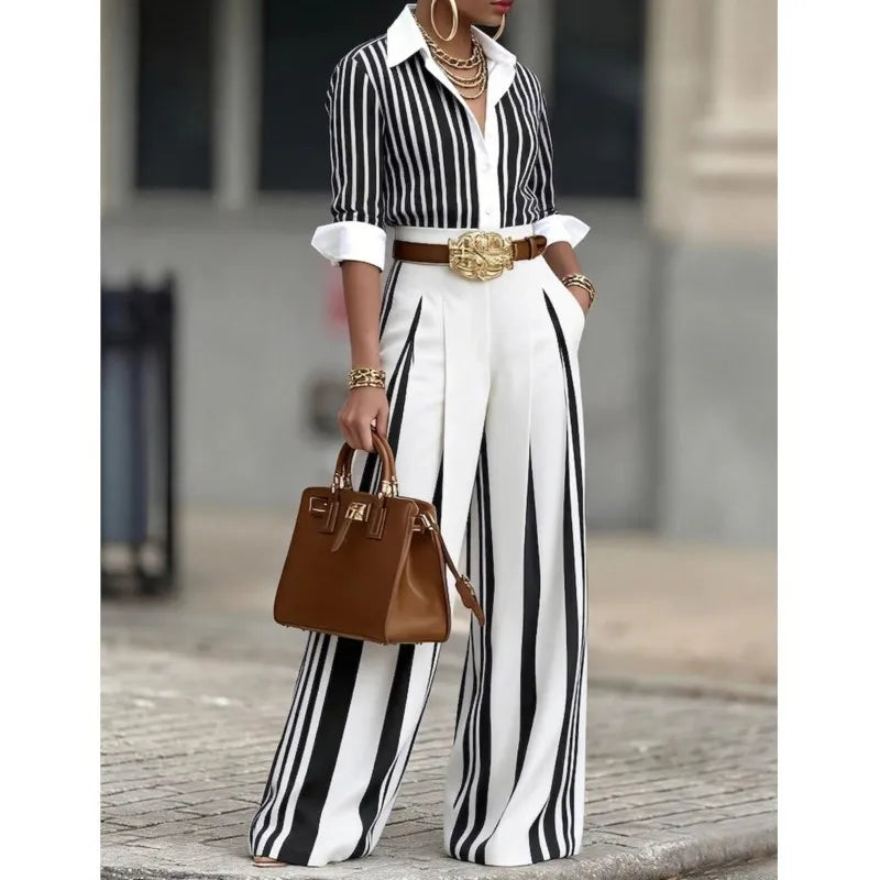 Spring Autumn Fashion Striped Printed Long Sleeve Shirt Women Suit Wide Leg Pocket Pants Female Office 2piece Set Including Belt