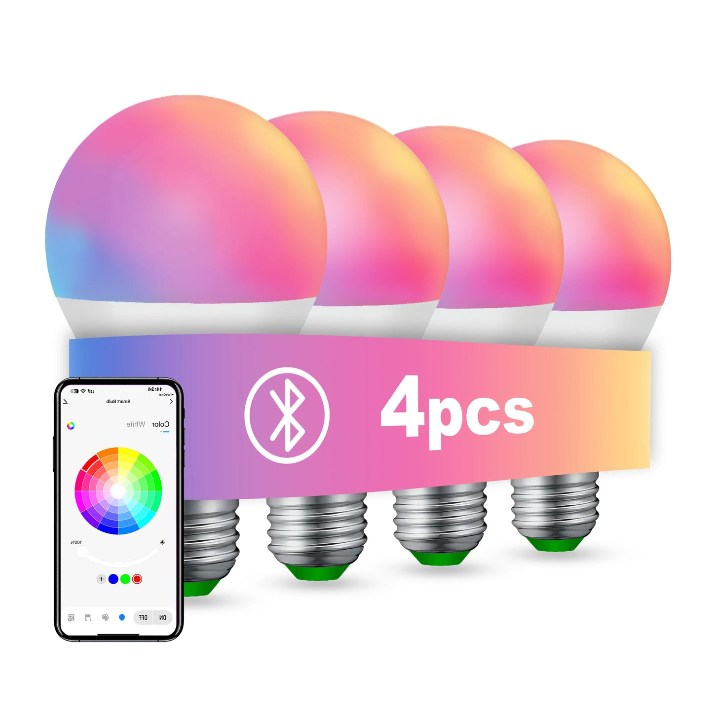 4pcs, RGBCW Smart Bulbs, Color Changing Dimmable LED Lights, Music Sync & App Control for Home Bedroom
