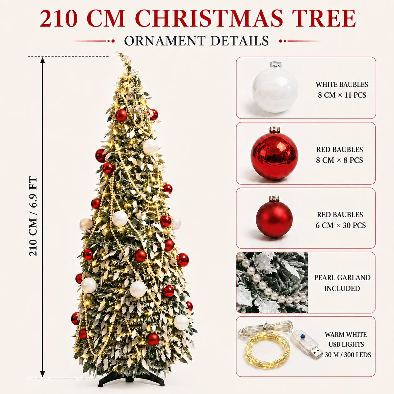 Flocked PVC Christmas Tree 1.5/1.8/2.1M Pre‑Attached Baubles, Foldable Xmas Tree with USB String Lights for Home Holiday Decor