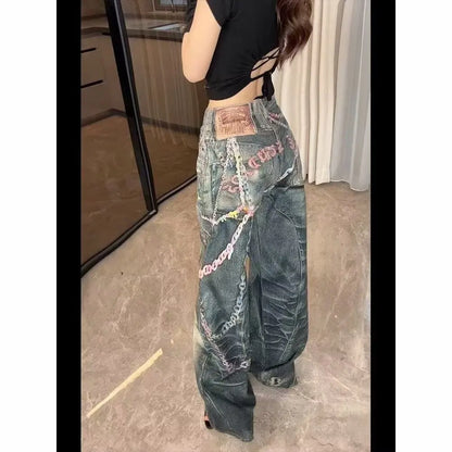 Y2K 3D Printed Jeans Girls Flower Chain American Style Versatile High Waisted Loose Straight Leg Floor Pants