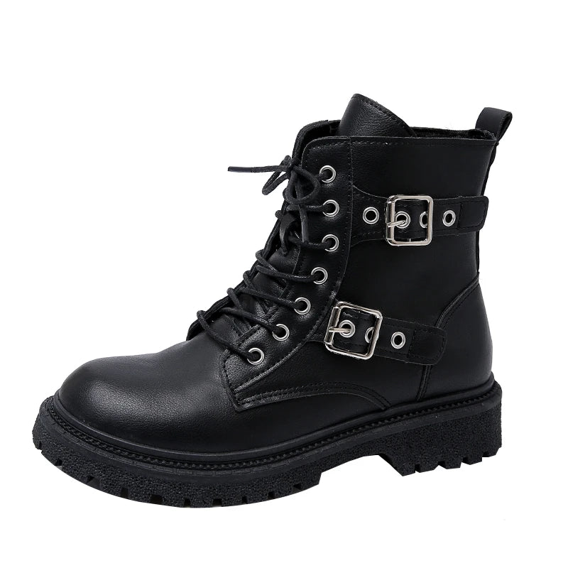 New Round Toe Fashionable Side Zipper Motorcycle Shoes Solid Color Elegant Warm Casual Lace-up Non-slip Women's Boots