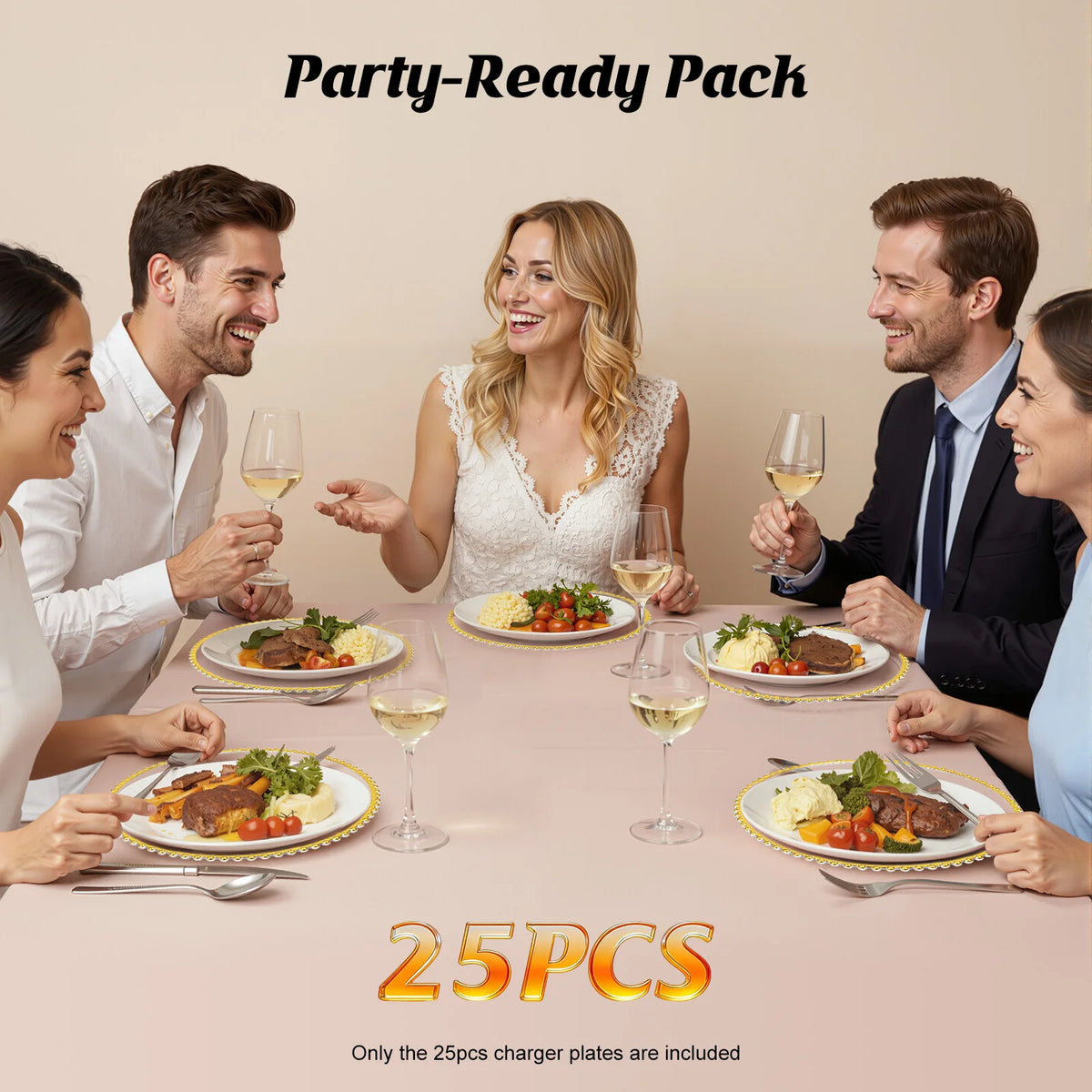 Round Clear Gold Beaded Charger Plates 25 Pack PS Plastic Dinner Under Plates 32cm Decorative Serving Plates for Wedding Banquet Party Table Decor