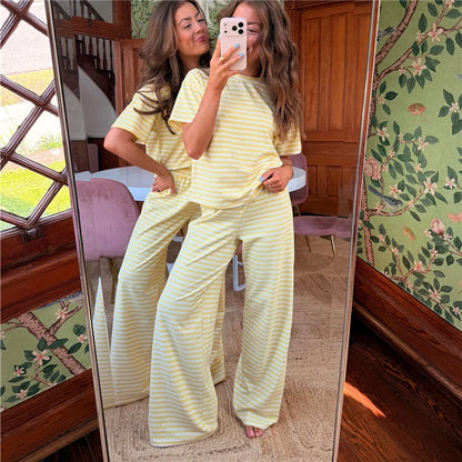 Women Y2K Striped Two Piece Outfit Summer Basic Short Sleeve Crew Neck Top and Wide Leg Pants Set Casual Loungewear Homewear