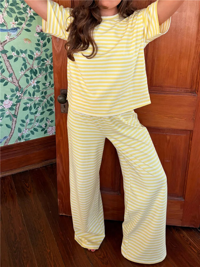 Women Y2K Striped Two Piece Outfit Summer Basic Short Sleeve Crew Neck Top and Wide Leg Pants Set Casual Loungewear Homewear