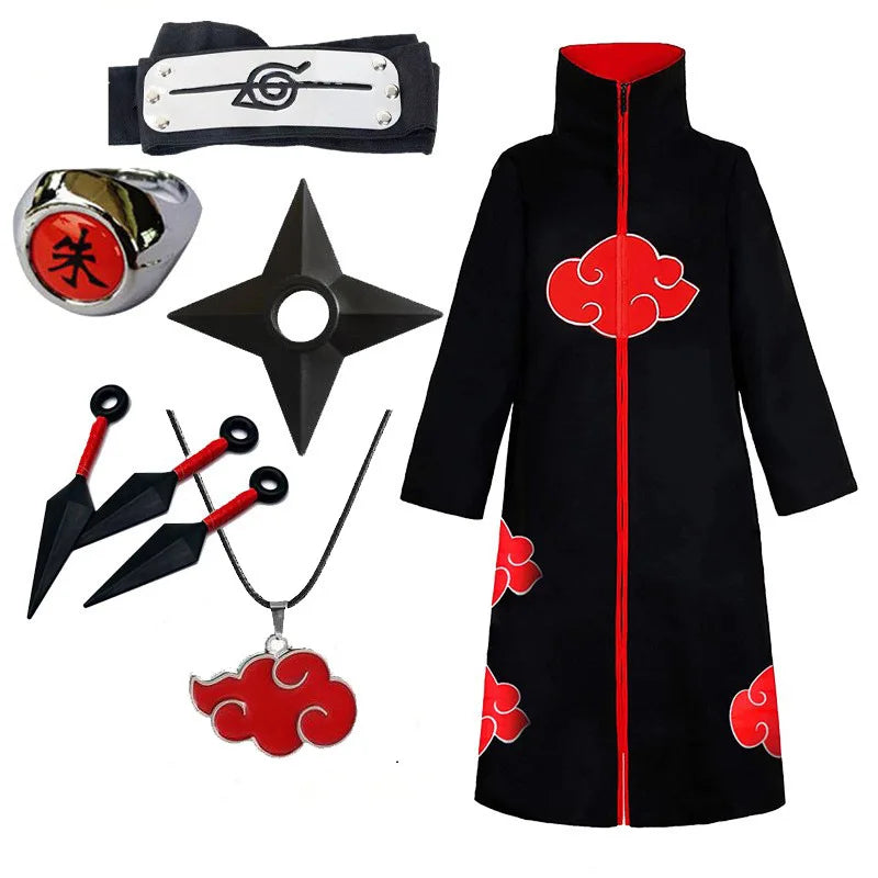 Anime Ninja Cosplay Akatsuki Cosplay Costume Uchiha Itachi Red Cloud Cloak Robe Cloak Headband Props Halloween Clothe