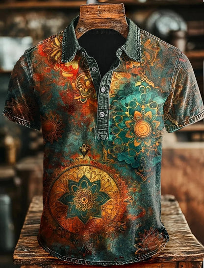 New American Retro Military Style Short Sleeved Polo Shirt with Red, Green, Black Camouflage Printed Casual Shirt