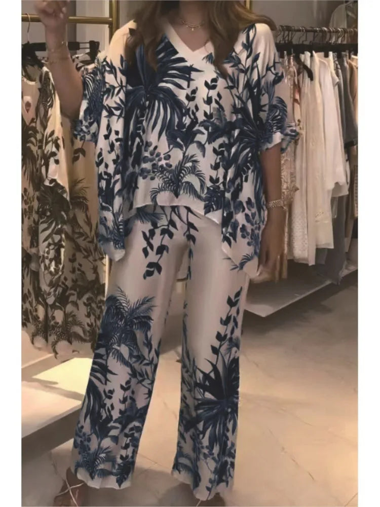Fashion Short-sleeved V-neck Top + Wide-leg Pants 2-piece Set Women Elegant Spring Loose Irregular Top Floral Print Suit Female