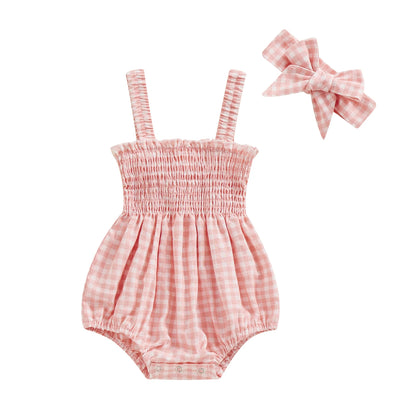Infant Baby Girls 2Pcs Summer Outfits, Sleeveless Frill Smocked Strap Romper with Headband Set