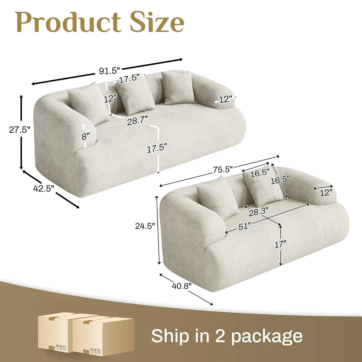 Oversized Sectional Sofa for Living Room, 91" + 76'' Modern Luxury Plush Chenille Extra Deep & Wide Seat Curved, Customized