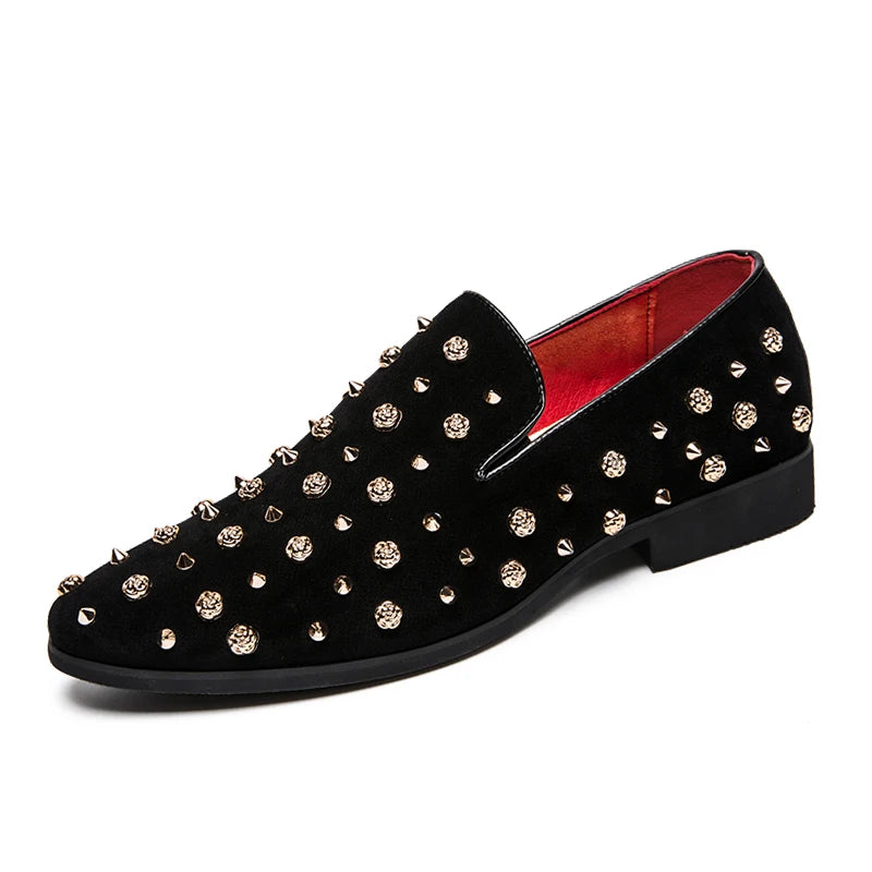 2024 New Brand Black Spikes Mens Loafers Luxury Shoes Denim And Metal Sequins High Quality Casual Men Shoes Wedding Flats Shoes