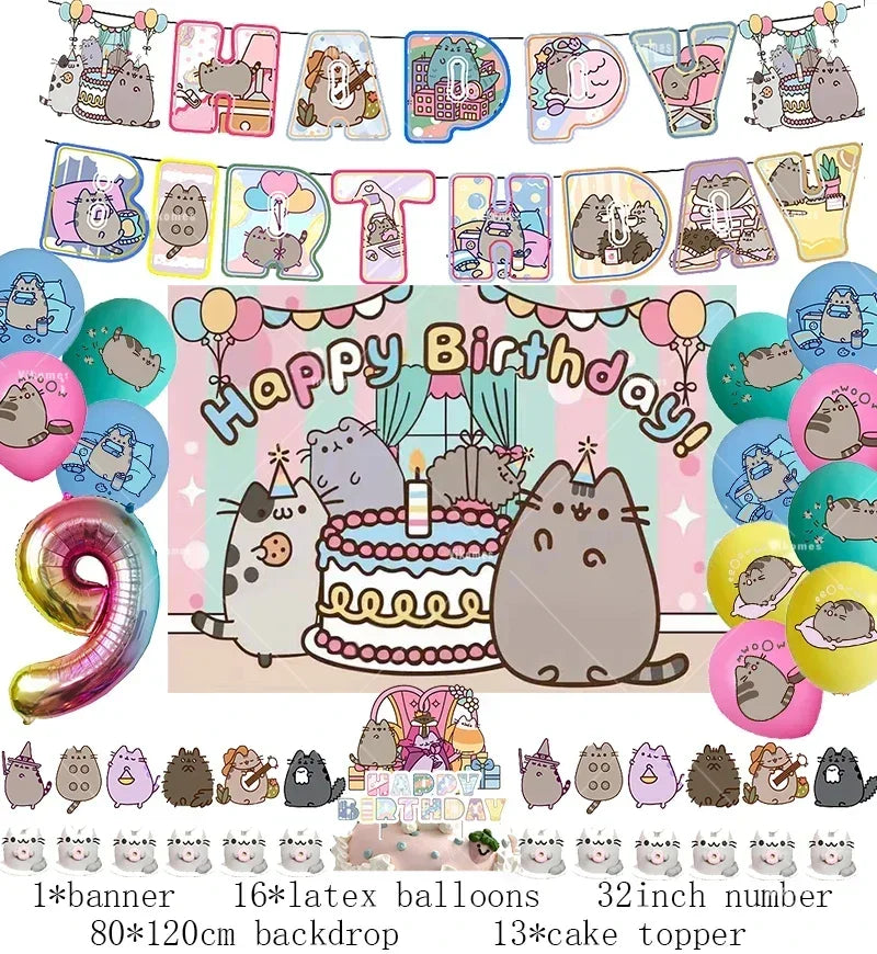 The Pusheen Cat Balloons Birthday Decoration Party Supplies Cartoon Grey Pet Fat Cat Theme Banner Backdrop Cake Topper Sticker