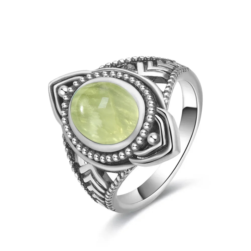 925 Sterling Silver Ring With Natural Prehnite Stone 8*10mm Oval Shape With Crystal Flower Design Gifts Fine Jewelry For Women