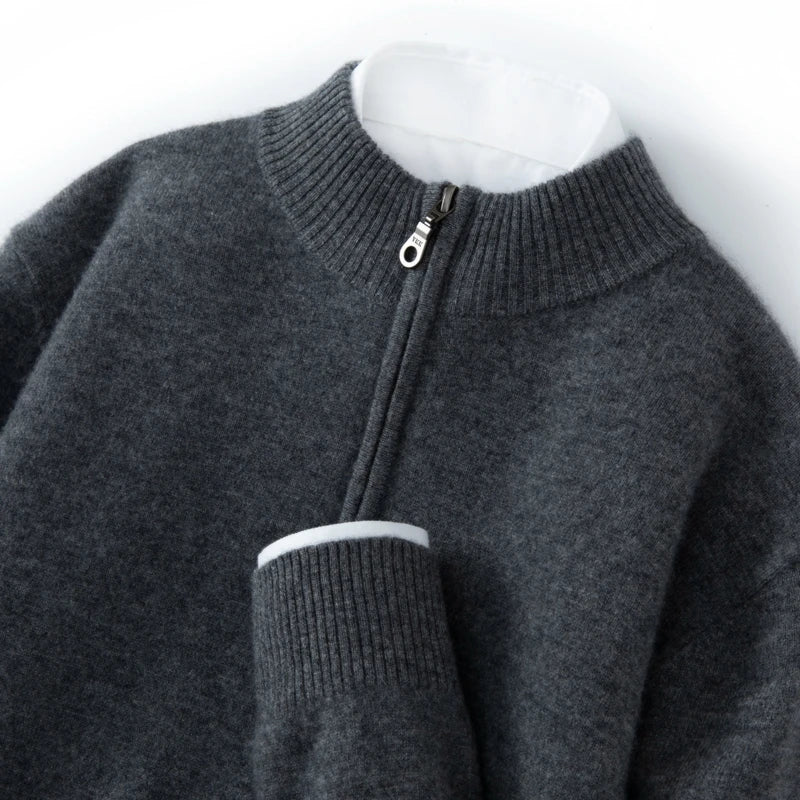 CHICUU Men's 100% Cashmere Sweater Zipper Pullover Mock Neck Long Sleeve Basic Cashmere Knitwear Autumn Winter Clothing Tops